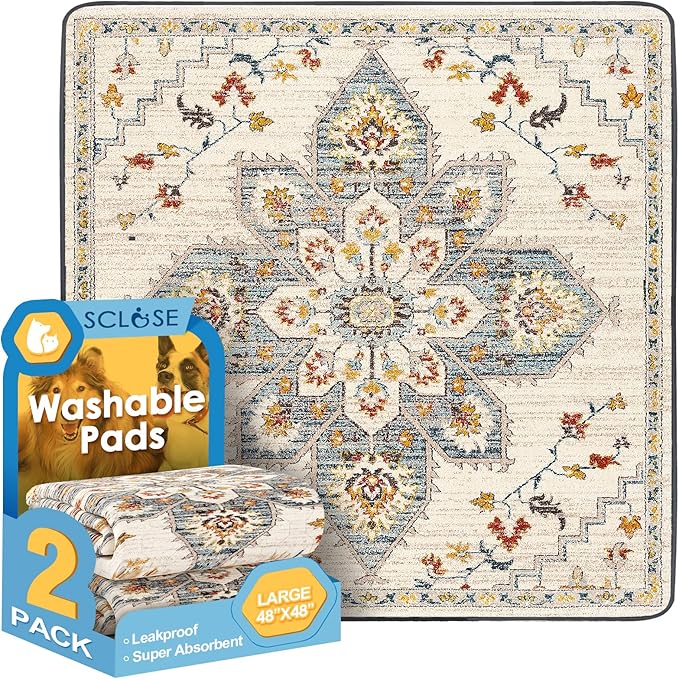SCLOSE Washable Pee Pads for Dogs Large 2 Pack, 48" x 48" Reusable Puppy Pads Waterproof Dog Rugs, Super Absorbent, Leakproof, Dog Crate Pad, Playpen Mat, Whelping Pads, White Medallion