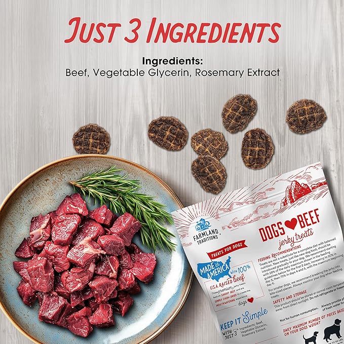 Farmland Traditions Dogs Love Beef Jerky Dog Treats with Only 3 Ingredients and No Fillers, 5 Ounce Bag