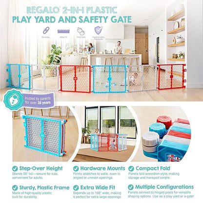 Regalo Safety 192-Inch Super Wide Baby Gate and Play Yard, 2-in-1 Convertible Plastic Baby Gate, Extra Wide Safety Barrier, Hardware Mounted, Adjustable Panels for Openings, Ages 6–24 Months