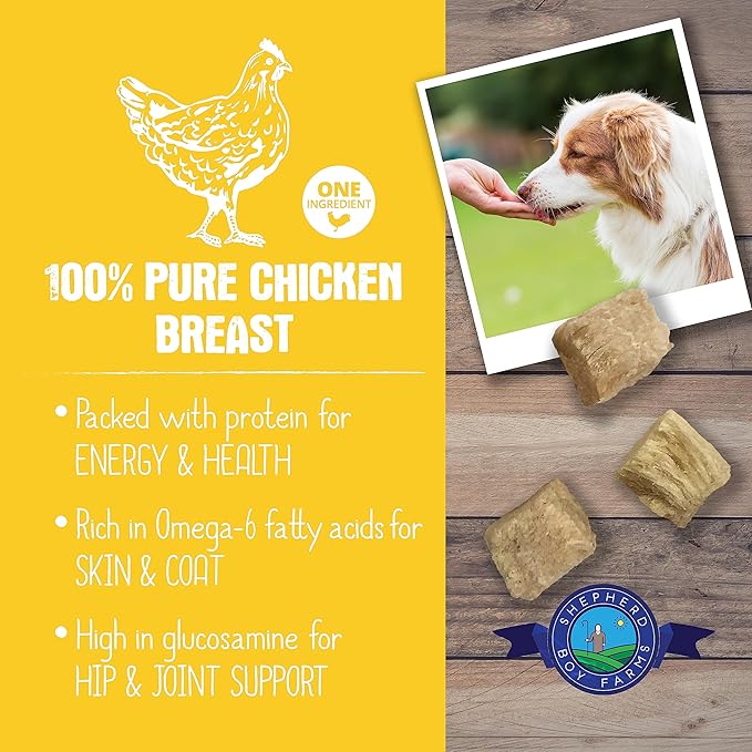 Shepherd Boy Farms Freeze Dried Dog and Cat Treats, Chicken Breast, All Natural Freeze-Dried Dog Treat & Snacks, Made in USA, High in Protein, Nutrition of Raw Food, Single Ingredient, 3oz