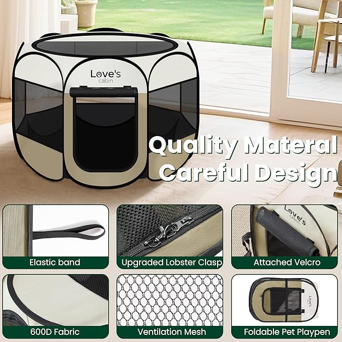 Love's cabin Pet Puppy Dog Playpen, Large Dog Tent Crates Cage Indoor/Outdoor, Portable Playpen for Cat, Foldable Pop Up Dog Kennel Playpen with Carring Case, Removable Zipper Top, Khaki