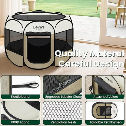 Love's cabin Pet Puppy Dog Playpen, Medium Dog Tent Crates Cage Indoor/Outdoor, Portable Playpen for Cat, Foldable Pop Up Dog Kennel Playpen with Carring Case, Removable Zipper Top, Khaki