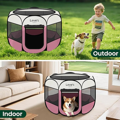 Love's cabin Pet Puppy Dog Playpen, Medium Dog Tent Crates Cage Indoor/Outdoor, Portable Playpen for Cat, Foldable Pop Up Dog Kennel Playpen with Carring Case, Removable Zipper Top, Light Pink
