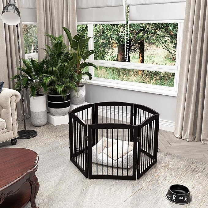 PUPETPO Freestanding Pet Gate for Dogs, Foldable Wooden Dog Gate for House, Extra Wide Indoor Pet Barrier for Stair, Doorway, Hall, Support Feet Included, 120 Inch Wide, 6 Panels 24", Brown