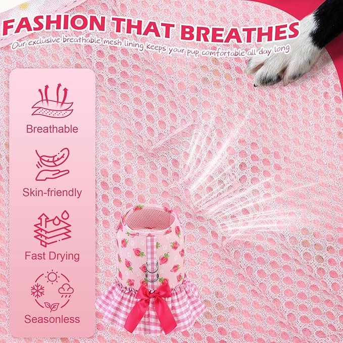 EXPAWLORER Dog Harness Small Medium Sized Dogs, Plaid Dog Dress Bowknot Harness and Leash Set, No Choke No Pull Soft Mesh Vest Cute Princess Puppy Outfits Clothes Costume for Girls Party Cats Pink M