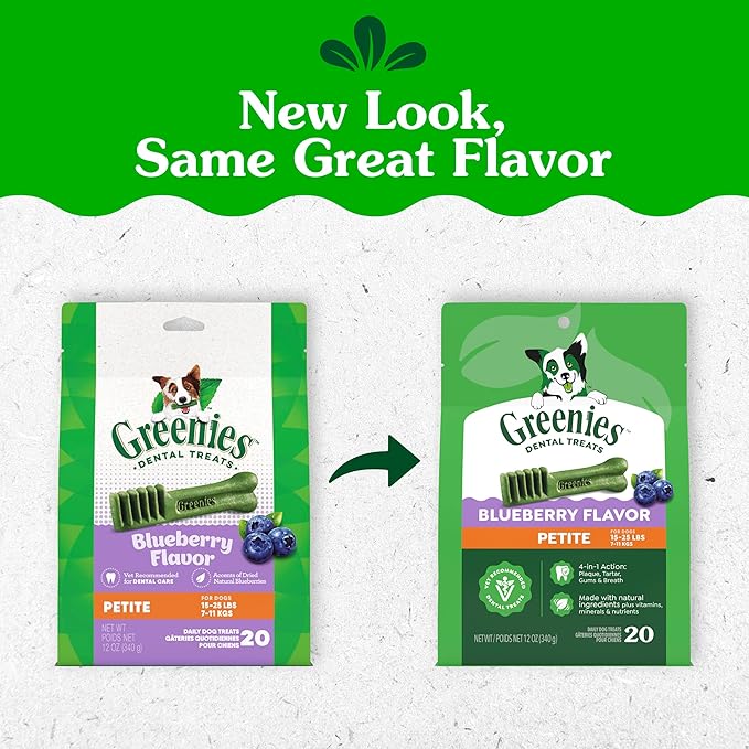 Greenies Veterinarian-Recommended Adult Natural Dental Dog Treats Petite Size, Blueberry Flavor, 12 oz. Pack, 20 Count