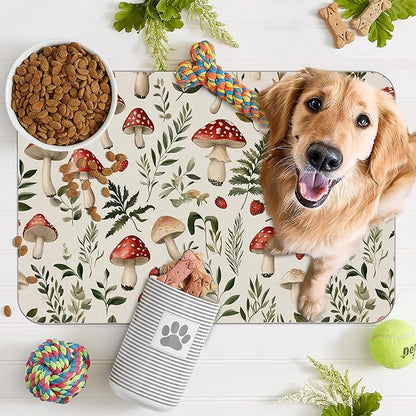 Red Mushroom Pet Feeding Mat,Fern Herb Berries Absorbent Quick-Dry Cat Dog Food and Water Bowl Mats,Non-Slip Rubber Backing Mat,Cat Dog Accessories Supplies 12"x20"