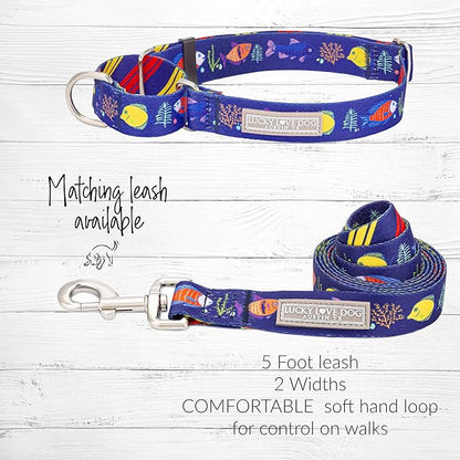 Lucky Love Dog Martingale Collar, Blue Color No Slip Collars for Large Dogs, Tropical Fish Pattern Martingale Collar, Great for Whippets, Greyhounds, and More (Mackey, Large)