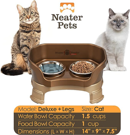 Neater Feeder Deluxe Mess-Proof Elevated Cat Bowls, 2 Height Adjustable (6” & 7.5”) No-Spill Raised Cat Bowl Stand, Whisker Friendly Stainless Steel Dishes for Indoor Cats, Made in USA, Bronze