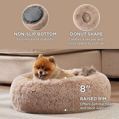 Bedsure Calming Cat Beds for Indoor Cats - Small Cat Bed Washable 20 inches, Anti-Slip Round Fluffy Plush Faux Fur Pet Bed, Fits up to 15 lbs Pets, Camel (Pack of 2)