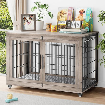 YaFiti Dog Crate Furniture with Cushion Set of 2, Wooden Dog Kennel Indoor with Double Doors, Dog Cage with Wheels, Dog House Side End Table for Large Dogs up to 85 lb, 44" L, Grey
