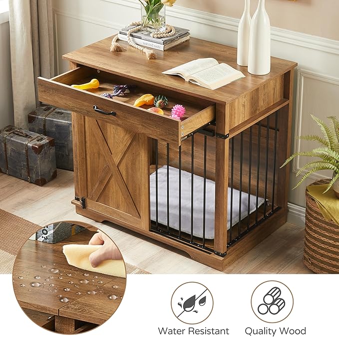 37.8" Furniture Style Dog Crates with Drawer, Farmhouse Wooden Dog Kennel Furniture with Sliding Barn Door & Water Resistant for Small/Medium/Large Dog, Rustic Oak