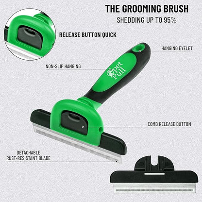Complete Professional Pet Grooming Kit with Pet Hair Removal Tool brush Gloves, Self-Cleaning Slicker Brush, and Pro Grooming Dog Brush Deshedder Comb to Reduce Shedding (Green)