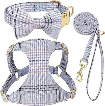Beirui Cute Extra Small Dog Harness Collar and Leash Set with Bowtie, Soft Adjustable Plaid Puppy Harness for Small Sized Dogs Cats Walks Parties and Photoshoots(Blue,XXS:Chest 12-14")