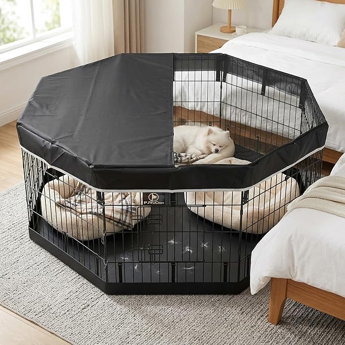 PJYuCien Dog Playpen with Top Cover and Bottom Pad - Metal Foldable Exercise Pen, 8 Panels 24" H x 24" W Indoor Outdoor Pet Fence Puppy Crate Kennel, Black