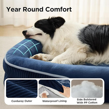 Bedsure L Plus Orthopedic Dog Beds Large Sized Dog - 360° Oval Bolster Large Dogs Bed for Senior Dogs with Waterproof Washable Cover, Big Comfort Pet Sofa Couch with Ultra-Soft Fleece, Navy Blue, 38"