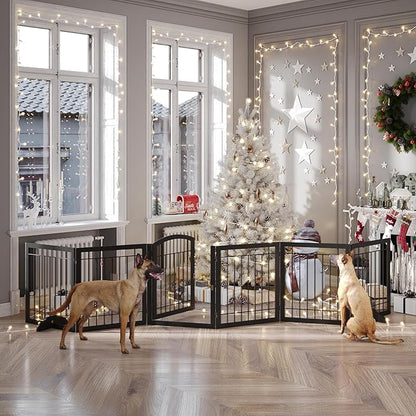 Vantas Folding Pet Gate 144" Wide, 30" Tall No-Assembly Metal Dog Gate, Freestanding Wire Pet Puppy Safety Fence, Extra Wide with 2PCS Support - Black