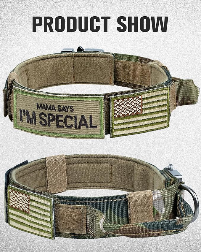 Joytale Tactical Dog Collar with Handle and Metal Buckle, Heavy Duty Padded Military Collar with 2 Patches for Training, Adjustable for Large Dogs, Camouflage, L