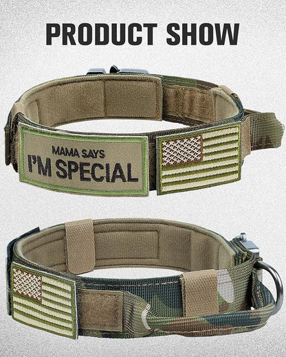 Joytale Tactical Dog Collar with Handle and Metal Buckle, Heavy Duty Padded Military Collar with 2 Patches for Training, Adjustable for Medium Dogs, Camouflage, M