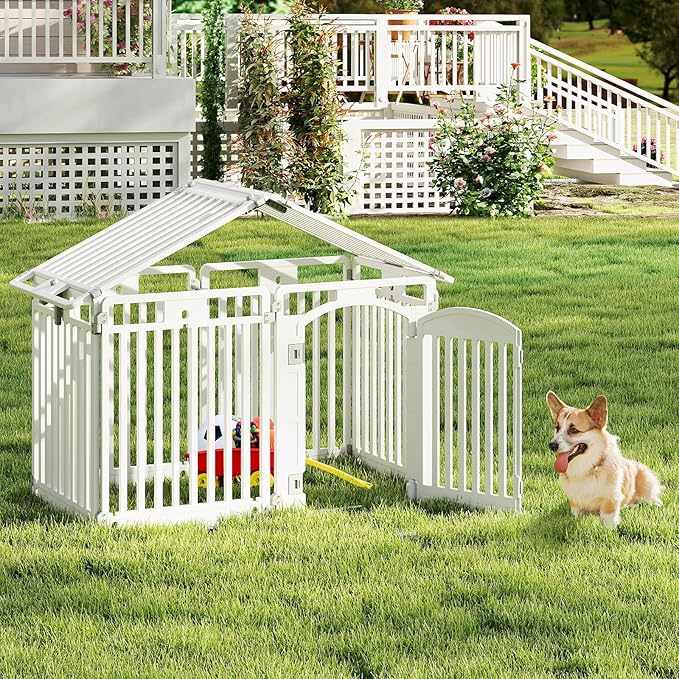 Giantex 8 Panel Dog Playpen, 32'' Tall Plastic Pet Fence with Lockable Door, Indoor Outdoor Portable Dog Exercise Pen for Medium Dogs, Configurable into Square, Rectangle or House-Shaped Layout