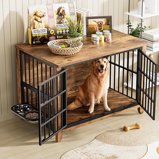 Lulive Wooden Dog Crate Furniture, Large Dog Kennel Indoor with 360°& Adjustable Raised Dog Bowls, Double Doors Furniture Dog Crates End Table for Large/Medium Dogs 37.8" L*23.6" W*27" H, Brown