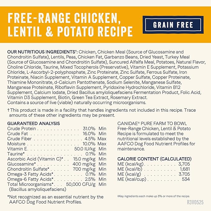 Canidae Pure Farm to Bowl Free-Range Chicken, Lentil & Potato Grain-Free Dry Dog Food, Adult, 4lb