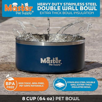 Master Pet Supply Stainless Steel Dog Bowls - 64 oz, Heavy Duty - Navy Blue, Double Wall Extra-Thick Insulated, Non-Slip Pet Water Bowl for Dogs, Cats & Pets, Anti Rust Metal, Dish Washer Safe