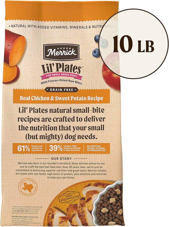 Merrick Lil’ Plates Grain Free Dry Dog Food For Small Dogs, Chicken And Sweet Potato Kibble With Raw Bites - 10.0 lb. Bag