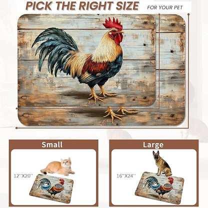 Rooster Dog Food Mat for Floors,Vintage Wood Panel Absorbent Quick-Dry Pet Feeding Mat,Cat Dog Bowl Mats for Food and Water,Non-Slip Pet Accessories Supplies 12"x20"