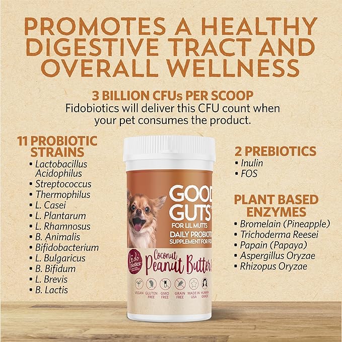 Fidobiotics Good Guts for Lil Mutts Probiotic for Dogs, Billions of CFUs, 11 Strains, 5 Digestive Enzymes, 2 Prebiotics, Digestive Gut Health for Dogs, Adult & Puppy Probiotics Supplements - Pack of 2