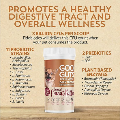 Fidobiotics Good Guts for Lil Mutts Probiotic for Dogs, Billions of CFUs, 11 Strains, 5 Digestive Enzymes, 2 Prebiotics, Digestive Gut Health for Dogs, Adult & Puppy Probiotics Supplements - Pack of 2