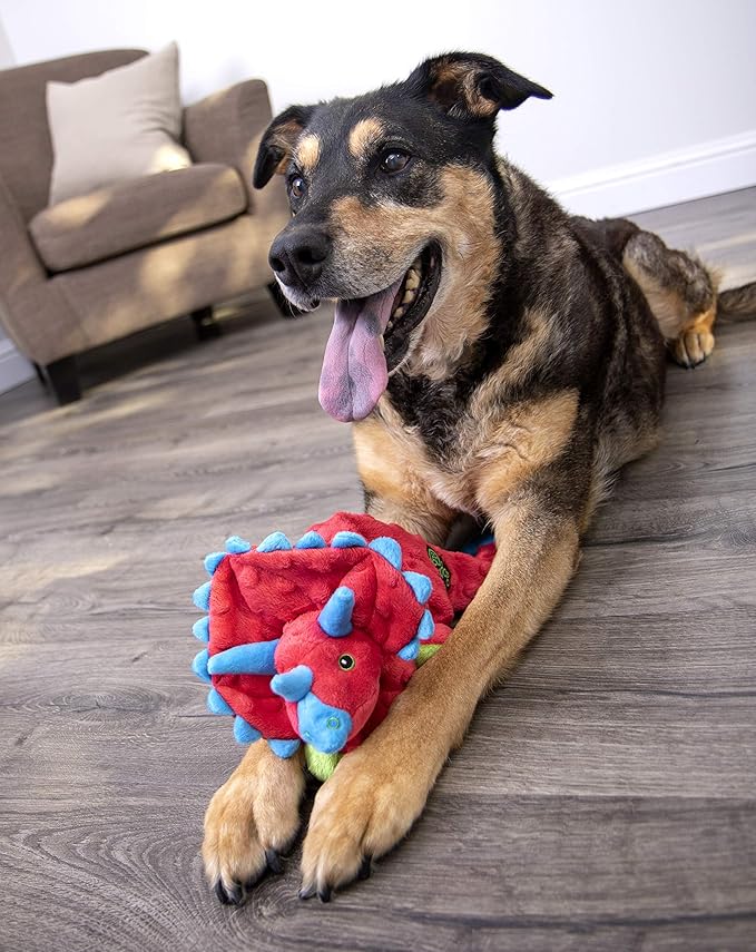 goDog Dinos Frills Squeaky Plush Dog Toy with Chew Guard Technology, Durable Fabric & Squeaker for Active Play, Red, Large