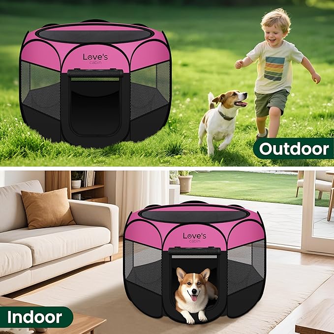 Love's cabin Pet Puppy Dog Playpen, Medium Dog Tent Crates Cage Indoor/Outdoor, Portable Playpen for Cat, Foldable Pop Up Dog Kennel Playpen with Carring Case, Removable Zipper Top, Pink