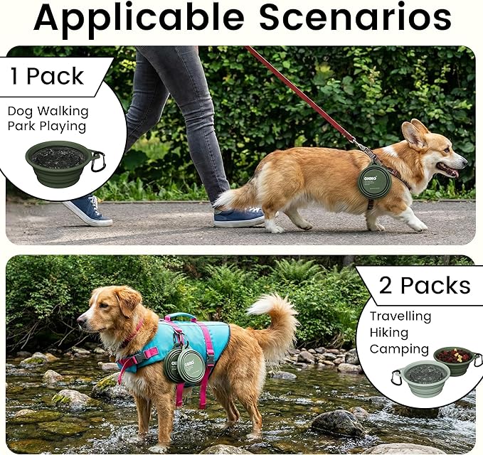 OHMO Collapsible Dog Water Bowls w/Built-in Stainless Steel Ring – 2pcs Small 12oz/400ml Portable Silicone Pet Feeding Bowl for Hiking, Camping, Travel