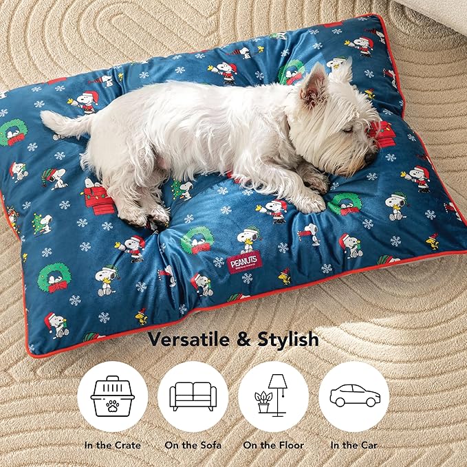 Berkshire Peanuts® Square Dog Bed, Suedemink Fleece Pet Mat with Waterproof & Non-Slip Bottom, Soft Plush Dog Mat for Crate, Couch, or Floor, Machine Washable(Snoopy Best Christmas Icons, Medium)