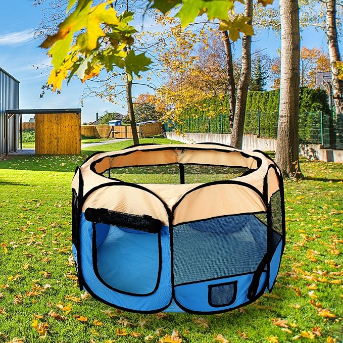 Pet Cat Playpen for Indoor Cats,Puppy Small Dog Cat Tent Crates Cage,Portable Pet Dog Playpen,29x29x16,Blue/Beige,1Pack