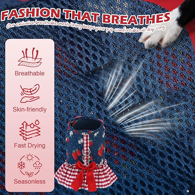 EXPAWLORER Dog Harness Small Medium Sized Dogs, Plaid Dog Dress Bowknot Harness and Leash Set, No Choke No Pull Soft Mesh Vest Cute Princess Puppy Outfits Clothes Costume for Girls Party Cats Navy S