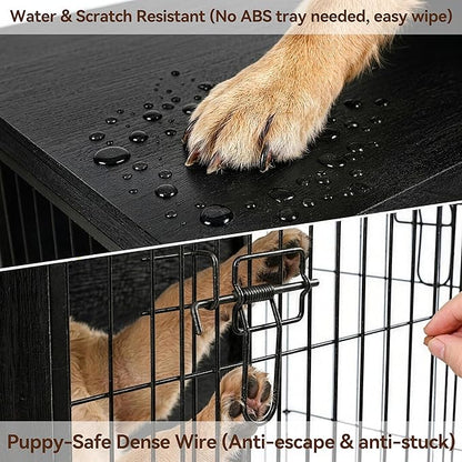 Black Dog Crate Furniture with Reversible Side Door, Wooden Indoor Dog Kennel for Small Medium Dogs, End Table Dog Crate with Double Locks, Heavy Duty Steel Mesh Furniture Style Dog Cage