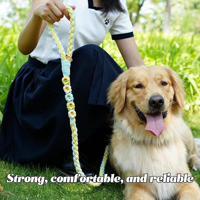 Handmade 5ft Braided Cotton Dog Leash with Unique Floral Handle, Durable and Stylish, Ideal for Small to Large Dogs, Blue & Yellow Twist