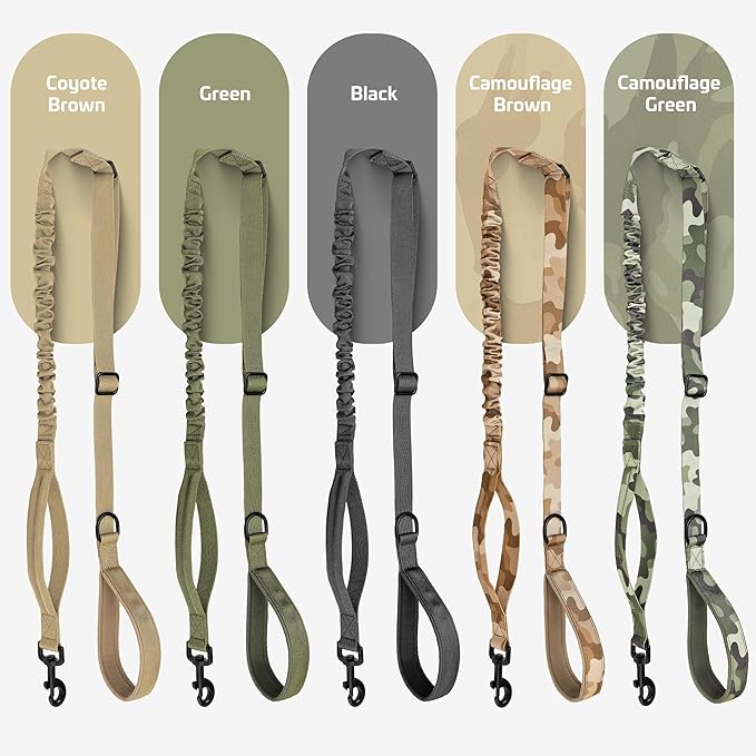 Forestpaw Tactical Dog Leash for Large Dogs,Heavy Duty Bungee Dog Leash with Shock Absorption,2 Padded Handles for Training Running Walking,Adjustable 4-5FT,Khaki