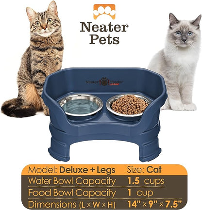 Neater Feeder Deluxe Mess-Proof Elevated Cat Bowls, 2 Height Adjustable (6” & 7.5”) No-Spill Raised Cat Bowl Stand, Whisker Friendly Stainless Steel Dishes for Indoor Cats, Made in USA, Dark Blue