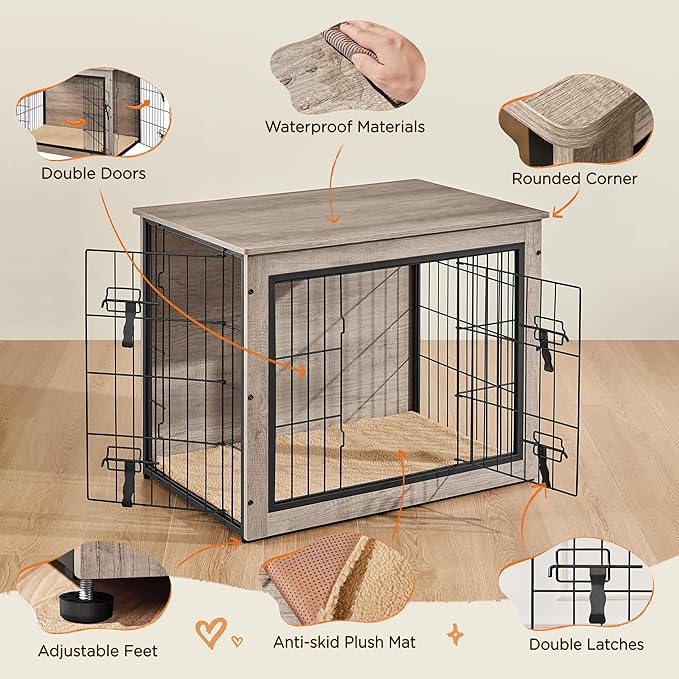 Yaheetech 32'' Dog Crate Furniture, Side End Table w/Cushion, Double Doors, Adjustable Feet, Wooden Kennel Cage for Small/Medium Dogs, Indoor Outdoor