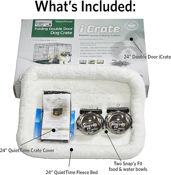 MidWest Homes for Pets Double Door iCrate Starter Kit, 24-inch Dog Crate Bundle for Small Breeds, Includes Cage, Pet Bed, 2 Bowls and Privacy Cover
