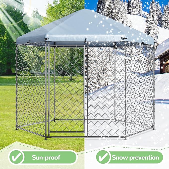 EUNHOO Outdoor Dog Kennel,6.9'L x 6.9'W x 7.5'H Metal Wire Dog Kennel for Large Dogs,Heavy Duty Dog Pen Dog Run with Roof, Fence for Dogs Outside Yard