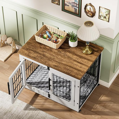 Lulive Dog Crate Furniture Set of 2, Dog Kennel Indoor Double Doors Wooden Dog Cage, 32'' Heavy Duty Dog Crate with Cushion & Wheels, End Table Pet House Chew-Resistant Up to 45 lb, White
