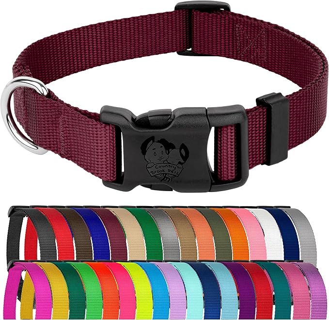 Country Brook Petz - Everyday Nylon Dog Collar for Large, Medium, and Small Dogs and Puppies - for Everyday Use in 10+ Warm Colors (Small, 3/4 Inch Wide, Burgundy)