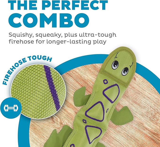 Outward Hound Fire Biterz Green Lizard Plush Firehose Material Interactive Dog Toy, Large