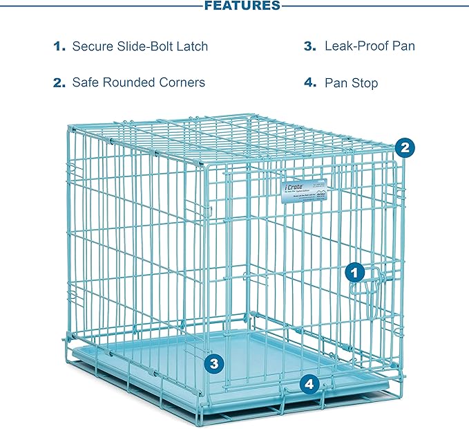 MidWest Homes for Pets 24-Inch Blue Fashion iCrate for Small Breeds, 12-20 lbs, Single Door Folding Dog Crate with Divider Panel, Leak-Proof Tray & Secure Latch, Portable, Durable & Easy to Assemble