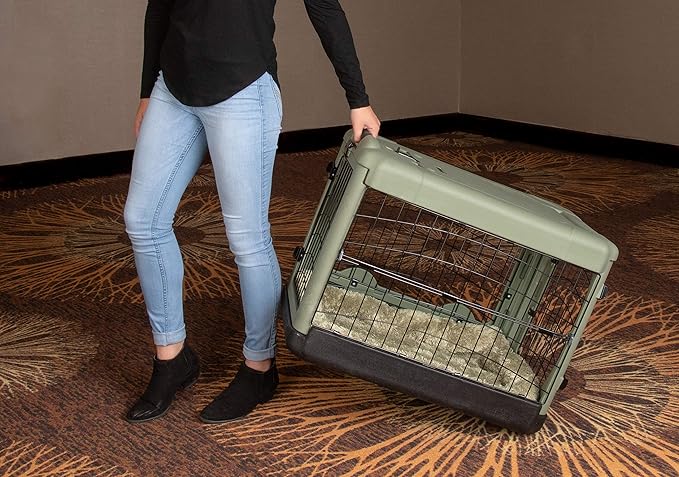 Pet Gear “The Other Door” 4 Door Steel Crate for Dogs/Cats with Garage-Style Door, Includes Plush Bed + Travel Bag, No Tools Required, Willow, 27 Inch