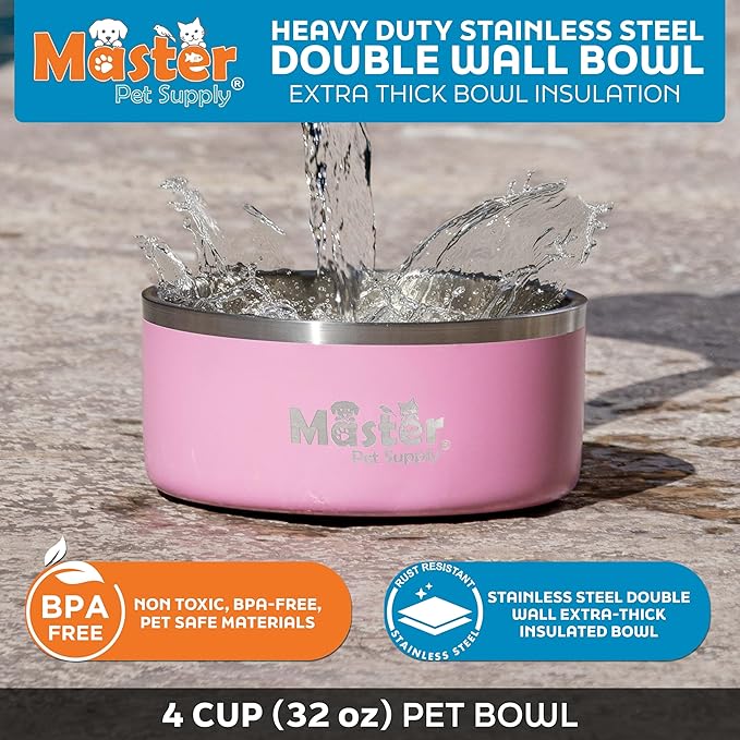 Master Pet Supply Stainless Steel Dog Bowls - 32 oz, Heavy Duty - Hyper Pink, Double Wall Extra-Thick Insulated, Non-Slip Pet Water Bowl for Dogs, Cats & Pets, Anti Rust Metal, Dish Washer Safe